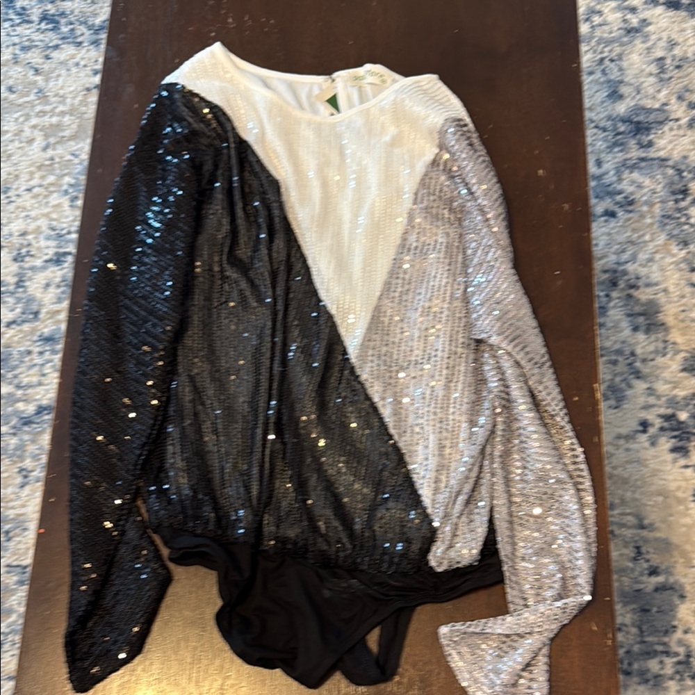 Sequin Colorblock Bodysuit - Black, White, Silver
